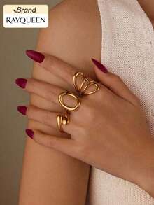 RAYQUEEN 3pcs Stainless Steel Fashion Versatile Personalized Open Rings Water Drop Set Decorative Accessories For Women, Suitable For Holiday Gifts And Daily Wear - Gold - View 3