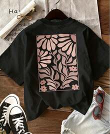 Printed Short-Sleeved T-Shirt With Round Neck, Casual Top For Spring/Summer, Women's Clothing. - 黑色 2 - 查看 2