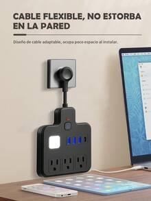 3-Outlet Power Strip With 3 USB Ports, Multifunction Power Strip, Surge Protector, 2500W Overload Protection, Suitable For Bedroom, Kitchen, Living Room, Office. - Black - View 3