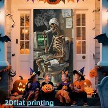2D Flat Banner 1pc Funny Skull Halloween Decoration Hanging Cloth, Smoking Skull Operating Computer Creative Print Background Fabric, Suitable For Halloween Party Horror Atmosphere Decoration, Bar Personalized Wall Tapestry, Indoor Funny Photo Backdrop, Polyester Material - A - View 3