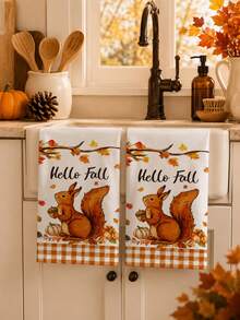 2 pièces/4 pièces/8 pièces Serviettes de main avec feuilles d'érable et écureuil d'automne pour Thanksgiving, serviettes de salle de bain pour la fête des récoltes, torchons, style ferme vintage, convient pour la décoration de cuisine de la fête des récoltes, décoration d'événement de fête de Thanksgiving - Multicolore - Voir 2