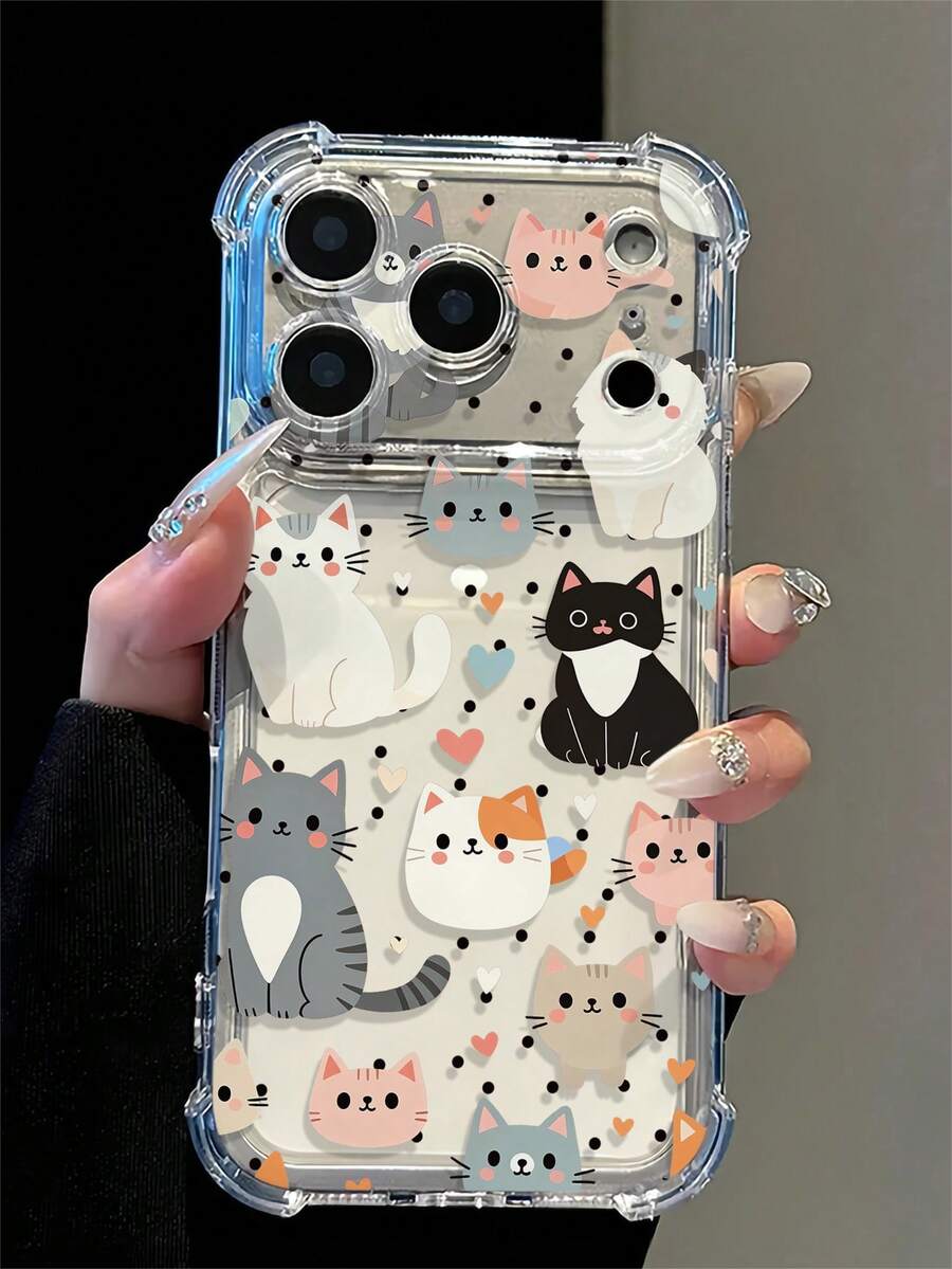 Cute Cat & Heart Polka Dot Pattern Shockproof Phone Case, Transparent Corner Protection Anti-Drop Fashion Daily Versatile Essential, Suitable For Daily Use, Compatible With IPhone 18/18Pro/18Pro Max/16/16 Pro/16 Plus/16 Pro Max/17/17 Pro/17 Pro Max/15/15 Pro/15 Pro Max/15 Plus/14/14 Pro/14 Pro Max/13/13 Pro/13 Pro Max/12/12 Pro/12 Pro Max/11/7/8 Birthday Gift Back To School Gift Halloween Christmas Gift Suitable For Men And Women Daily Use - Clear - View 1