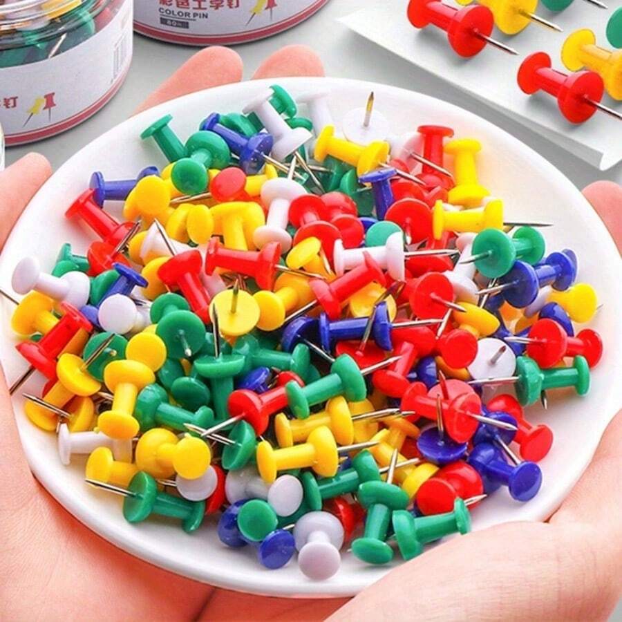 200pcs/Pack Colorful Plastic Push Pins, Multicolor T-Shaped Pins For Cork Board, Photo Wall Decor, And Bulletin Boards Office Supplies - 200Pcs - View 1