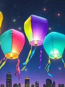 5pcs/Set White Oval Floating Wish Lanterns, Multi-Piece Holiday Decoration Handmade Thick Paper Sky Lanterns, Kongming Lanterns - Random Style - View 4