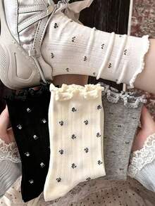 1/4/8/16Pairs Spring/Summer New Simple Style Small Floral Versatile Mid-Calf Socks, Mesh Japanese Floral Long Scrunch Socks - Multicolor - View 1