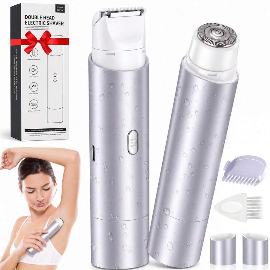Electric Hair Removal Trimmer Dual Head Shaver Painless Bikini Legs Underarm Body Groomer Portable Rechargeable Cordless Wet Dry Use Razor Epilator