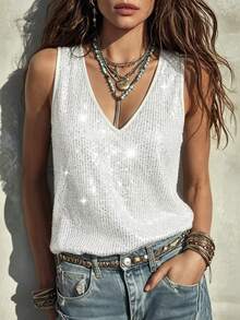 Elegant White Sequin V-Neck Camisole, Pearlescent Sequin Tank Top, White Pearlescent Glitter Camisole, Suitable For Daily Wear And Formal Occasions, Versatile For All Seasons, Perfect For Evening Parties, Nightclubs, Dates, Outings, Indoor And Outdoor Wear - White - View 5