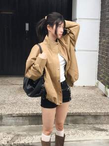 Korean Style Loose Zipper & Button Long Sleeve Jacket Streetwear - Khaki - View 1