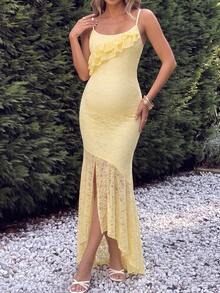 Yellow High Elasticity Lace Spaghetti Strap Asymmetrical Hem Maxi Dress For Pregnant Women, Suitable For Baby Shower, Photo Shoot And Daily Occasions - Yellow - View 6