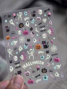 1pc 5D Luminous Effect Halloween Nail Stickers Skull Ghost Pumpkin Bat Self Adhesive Nail Art Decals - Multicolor - View 8