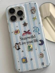 1pc Transparent Soft TPU Phone Case, Light Blue & White Vertical Stripes Polka Dot Cartoon Animal Sticker "Stay Wild Live Your Life" Letter Print, Compatible With IPhone 16 Pro Max 15 14 13 12 11 Pro Plus, Full Coverage Raised Lens Protection, Sweet Girly Style Shockproof Protective Case, Compatible With Iphone 18 Pro Max 17 Pro 17 Pro Max 18 Pro Fashion Phone Case - Baby Blue - View 2