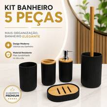 Kit Banheiro Conjunto 5 Peças Acessórios De Lavabo Plástico Madeirado Porta Sabonete Luxo Para Pia - Multicolorido - Visão 3