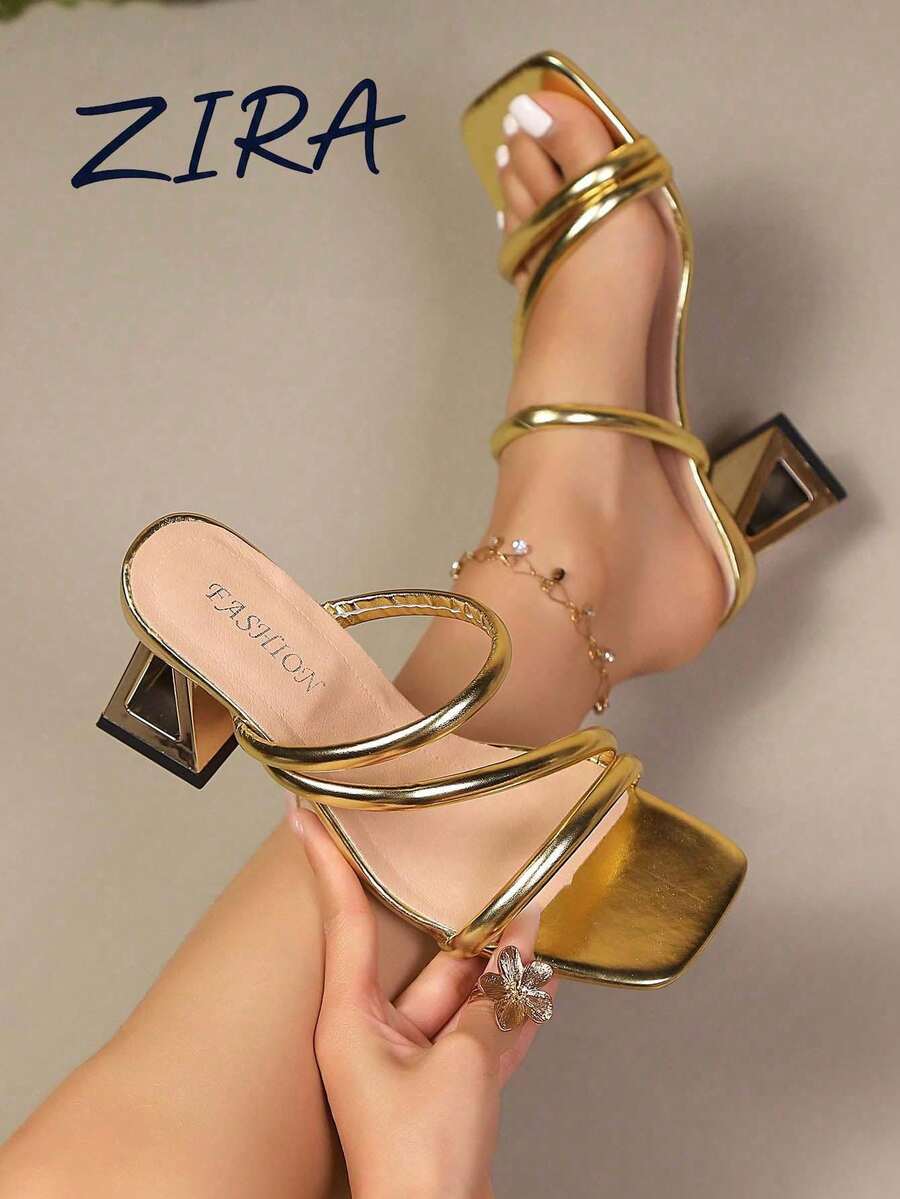 Zira 女款方頭包頭細帶麂皮三角不對稱跟高跟涼鞋,奢華成熟風,適合日常通勤、約會穿搭、派對聚會、購物場景,棕色方頭包頭細帶麂皮三角不對稱跟高跟涼鞋,黑色方頭包頭細帶麂皮三角不對稱跟高跟涼鞋 - 金色 - 查看 1