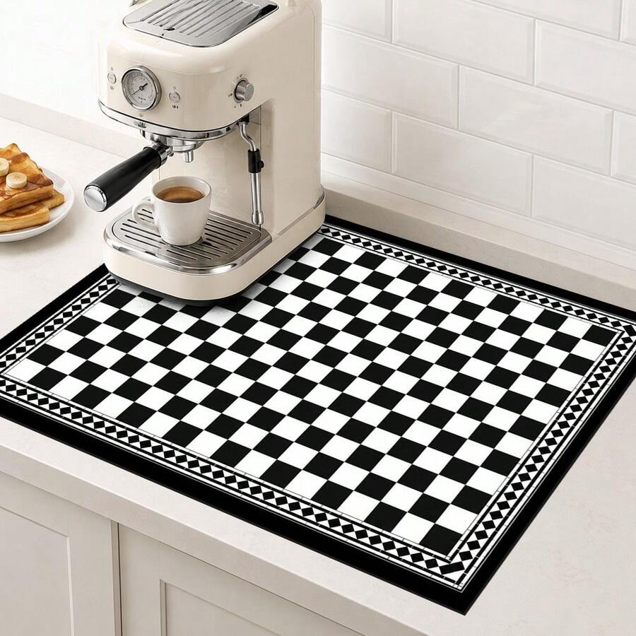 1pc Black & White Plaid Tile Print Diatomaceous Earth Kitchen Drain Mat, Absorbent Quick-Dry Non-Slip Coffee Machine Mat, Suitable For Kitchen Countertop And Coffee Area Decoration - Multicolor - View 1