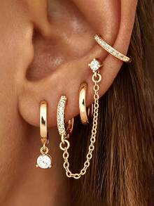 4PCS Classic Geometry Hoop Earrings Set For Women 18K Gold Plated Fashion Tassel Chain Ear Stud Unique C-Shaped Ear Clip Korean Fashion Jewelry - 4PCS-gold - View 1