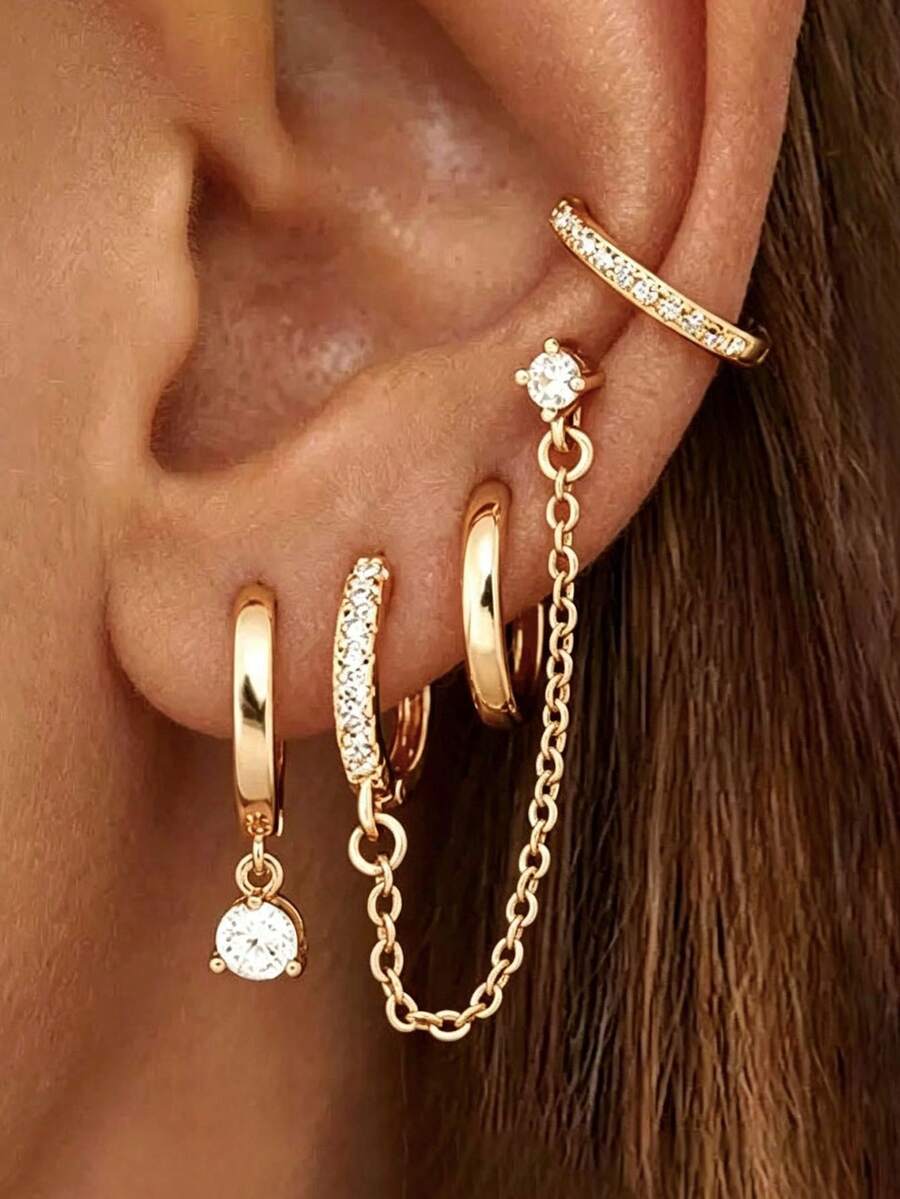 4PCS Classic Geometry Hoop Earrings Set For Women 18K Gold Plated Fashion Tassel Chain Ear Stud Unique C-Shaped Ear Clip Korean Fashion Jewelry - 4PCS-gold - View 1