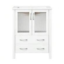 61 Cm Floor-Standing Vanity Unit, Gloss White, With Ceramic Basin, Fluted Glass Doors, Storage Drawers, Silver Handles, Tap Not Included - White - View 6