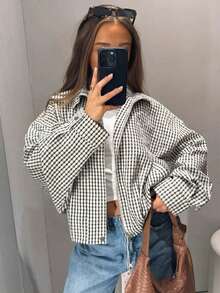 Áo khoác nữ màu trơn họa tiết kẻ caro retro, thiết kế túi khóa kéo tương phản, phong cách tối giản thoải mái, phù hợp mặc hàng ngày, hẹn hò, đi chơi, đi làm, thường ngày - Màu be - Xem 4