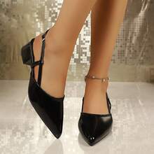 Women's Patent Leather Pointed Toe Slingback Chunky Low Heel Sandals, French Style Buckle Closed Toe Commuter Office Shoes - Black - View 3