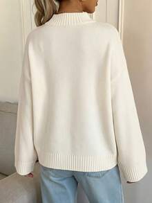 Women's New Autumn/Winter White Round Neck Sweater, Loose Drop Shoulder Slouchy Knit Base Layer Top - Off White - View 7