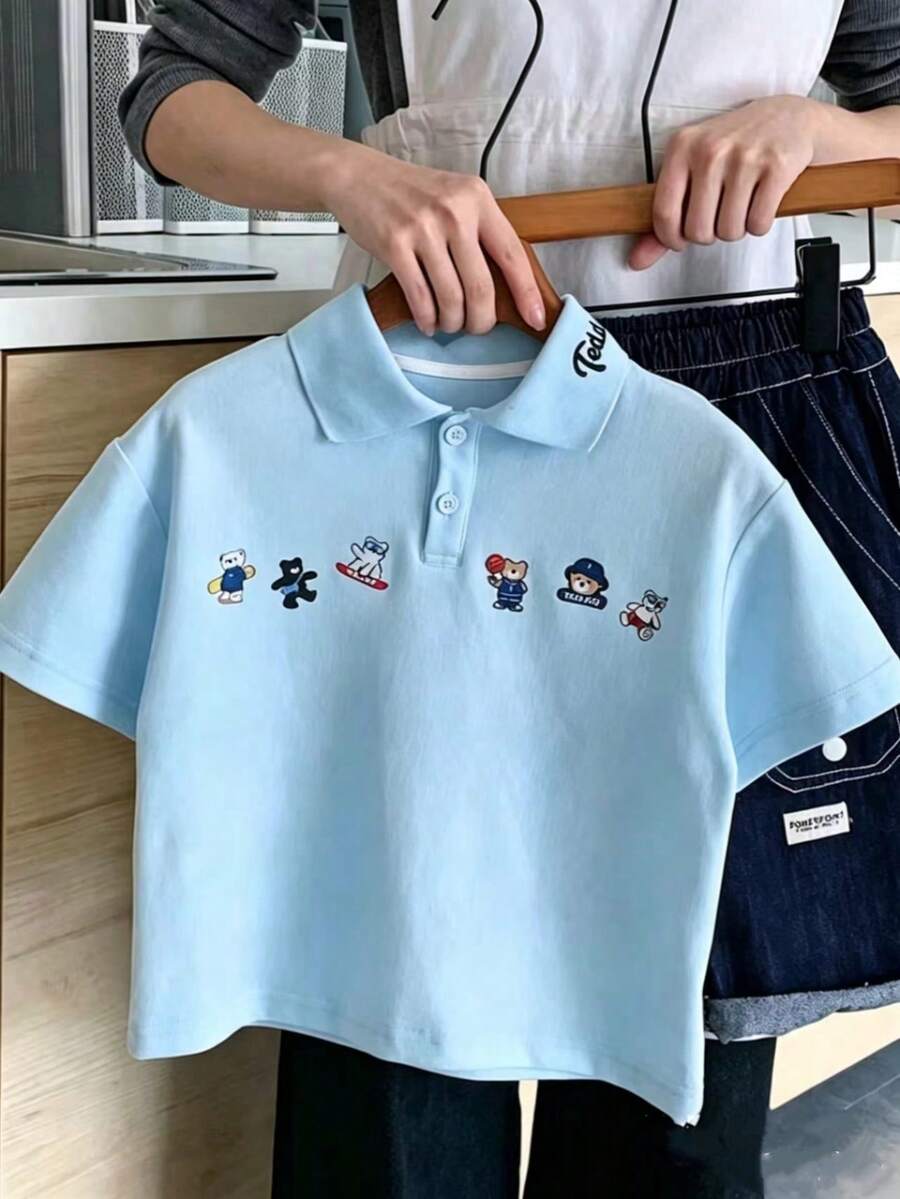 儿童休闲可爱短袖POLO衫,适合男孩女孩夏季穿着 - 藍色 - 查看 1