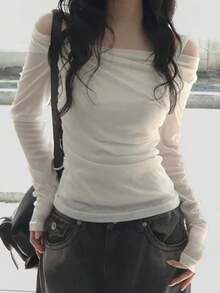 Korean Style Minimalist Draped Pleated Off-Shoulder Waist-Cinched Versatile Long Sleeve T-Shirt Casual - White - View 1