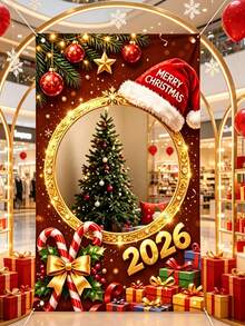 1件聖誕吊掛背景布，附聖誕帽、糖果棒與禮物盒設計，2026聖誕快樂拍照亭橫幅，圓形鏤空，120*75cm聖誕自拍相框背景布，派對背景裝飾，聖誕裝飾，Xmas裝飾，裝飾，Navide裝飾，節日派對拍照道具 - 彩色 - 查看 9