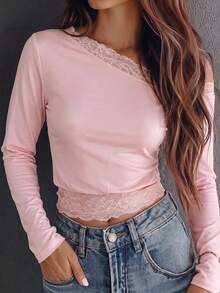 PoPoHouse Women's Fall Y2K Off Shoulder Lace Trim Long Sleeve T Shirt Sexy Slim Fit Coquette Layering Basic Top - Baby Pink - View 9