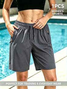 1pc Women's Summer Sports Shorts With Drawstring Waist, Suitable For Sports And Outdoor Activities In Summer - Grey - View 3