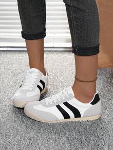 Flipark 1 Pair Women's Light Colorblock Striped German Trainer Shoes, Flat Lace-Up Retro Commuter Casual Sneakers, Collegiate Style - White - View 4