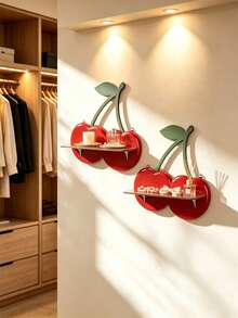 2pcs/Set Cherry Shaped Wall-Mounted Floating Shelf Set, Red Cherry Decor With Green Stem And Pink Fruit Home Decor Set, Bohemian Elegant Style Jewelry & Cosmetics Storage Rack, Easy Installation, Suitable For All Seasons, Perfect For Living Room, Bedroom, Bathroom, Vanity, Closet, Home Decor, Living Room Decor, Room Decor, Christmas Decor, Ramadan Decor, Perfect Gift, 1pc - Multicolor - View 7