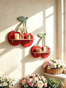 2pcs/Set Cherry Shaped Wall-Mounted Floating Shelf Set, Red Cherry Decor With Green Stem And Pink Fruit Home Decor Set, Bohemian Elegant Style Jewelry & Cosmetics Storage Rack, Easy Installation, Suitable For All Seasons, Perfect For Living Room, Bedroom, Bathroom, Vanity, Closet, Home Decor, Living Room Decor, Room Decor, Christmas Decor, Ramadan Decor, Perfect Gift, 1pc - Multicolor - View 5