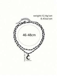 1pc Gothic Black Moon Pendant Necklace, Retro Hip Hop Style Double Layer Necklace For Women, Party Jewelry - Black - View 4