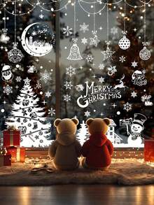 244pcs/9pcs Christmas Window Stickers, Double-Sided Christmas Tree & Snowflake Window Decals, White Holiday PVC Stickers For Home, Store, Glass Display Decoration, Christmas Home, School, Office Decor - A - View 3