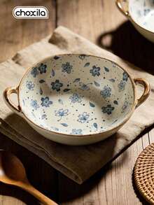 choxila 1PC Ceramic Serving Bowl Set - Floral Embossed Double Handle Soup Noodle Ramen Dessert Bowls For Dining - Falling Petals Ceramic Bowl - View 5