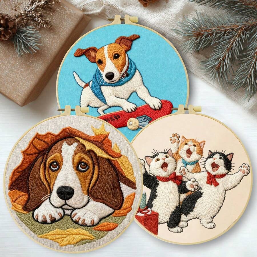1PC 20*20cm/7.9*7.9in,Animal Party Embroidery Kit, DIY Handmade Embroidery Set For Adult Beginners, Home Gift, Women's Sewing Gift, Including User Manual, Printed Pattern Fabric, Embroidery Frame, Needle And Thread.