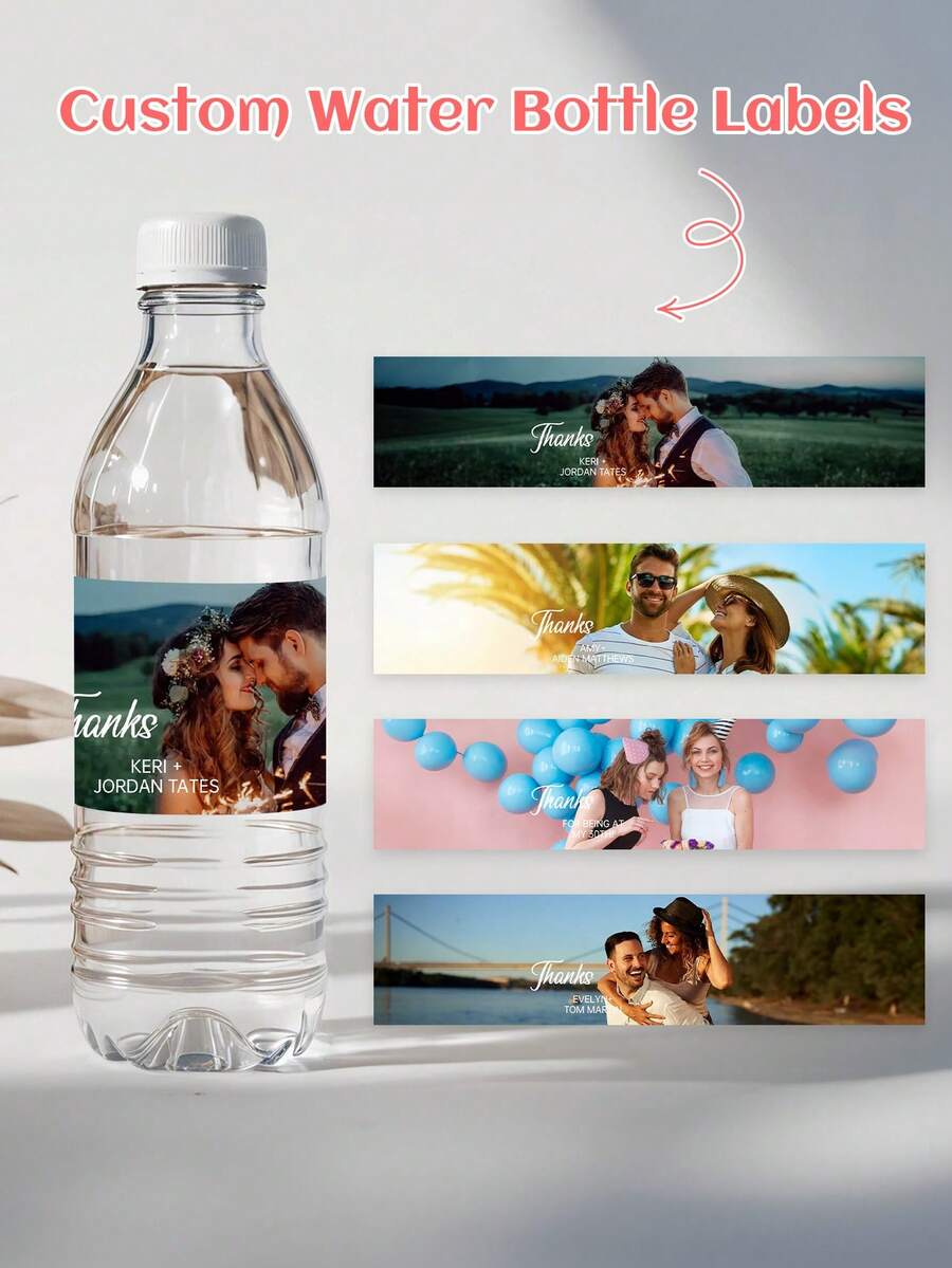 Customizable Photo Mineral Water Bottle Labels, Personalized Photo + Text Waterproof Wrap-Around Self-Adhesive Stickers, Multi-Size Custom Image Bottle Decals, Suitable For Wedding, Birthday Party, Bridal Shower Guest Favors Mineral Water Bottle Atmosphere Decoration - Multicolor - View 1