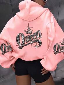1pc Tween Girls Hooded Long Sleeve Top, Crown Queen Rhinestone Letter Print, Loose Casual Spring Autumn Daily Outing Pink Sweet Princess Style Versatile Pullover Children's Clothing - Pink - View 3