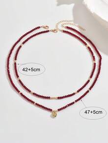 2pcs Minimalist Elegant Luxury Versatile Burgundy Acrylic Multi-Faceted Beads CCB Round Beads Heart Pendant Multi-Element Multi-Layer Necklace Suitable For Women Daily Casual Outing Banquet Music Festival Events Wear Holiday Gift - Burgundy - View 3