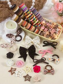 863pcs Faux Suede Brown Tone Vintage Girls Hair Accessories Set, Includes Bow/Flower Hair Clips, Star Snap Clips, Mini Claw Clips, Bow/Rabbit Ear Hair Ties, Bamboo Knot Towel Scrunchies, Ruffle Elastic Hairbands And TPU Rubber Bands, Suitable For Daily, Party, Travel Use - Multicolor - View 6