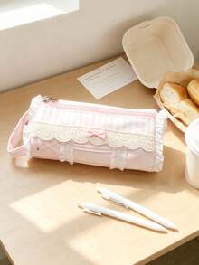 Cute Lace Pencil Case With Ruffled Bow Decoration Stationery Bag, Large Capacity Handheld Pencil Case, Multifunctional Portable Brush Storage Bag - Multicolor - View 4