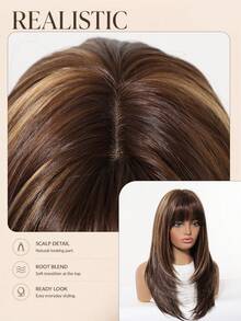 22-Inch Ombre Butterfly Highlights Brown Synthetic Wig With Bangs, 100% Imported Fiber Hair, Suitable For Cosplay, Festivals, Y2K, Halloween And Other Occasions - Brown Highlight - View 5