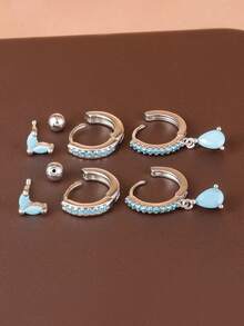 Juego de 6 piezas de pendientes de botón con colgante de gota de agua de circonita, estilo lujo ligero, chapados en oro de 18K, acero inoxidable azul, joyería estética para perforaciones, regalo para mujer - Azul pino plateado-6 piezas - Ver 4