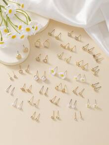 30 Pairs Exquisite Minimalist Star, Heart, Cherry, Flower Earrings Set For Women, Dating Stud Earrings Gift - Yellow Gold - View 3
