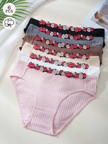 6 Pcs Women's Ribbed Cotton Briefs With Floral Waistband, Breathable Comfortable Underwear For Women Versatile Underwear For Work, Home & Light Sports - Multicolor - View 7