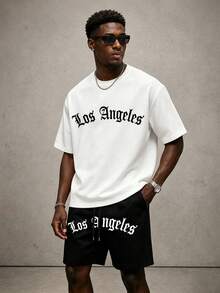 Men's Summer Fashion Los Angeles Short Sleeve T-Shirt And Shorts 2 Pieces Casual Everyday Set - Black and White - View 1