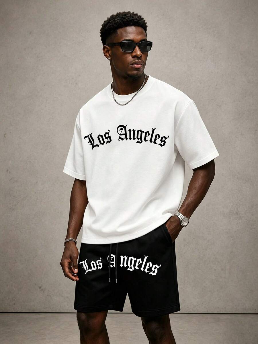 Men's Summer Fashion Los Angeles Short Sleeve T-Shirt And Shorts 2 Pieces Casual Everyday Set - Black and White - View 1