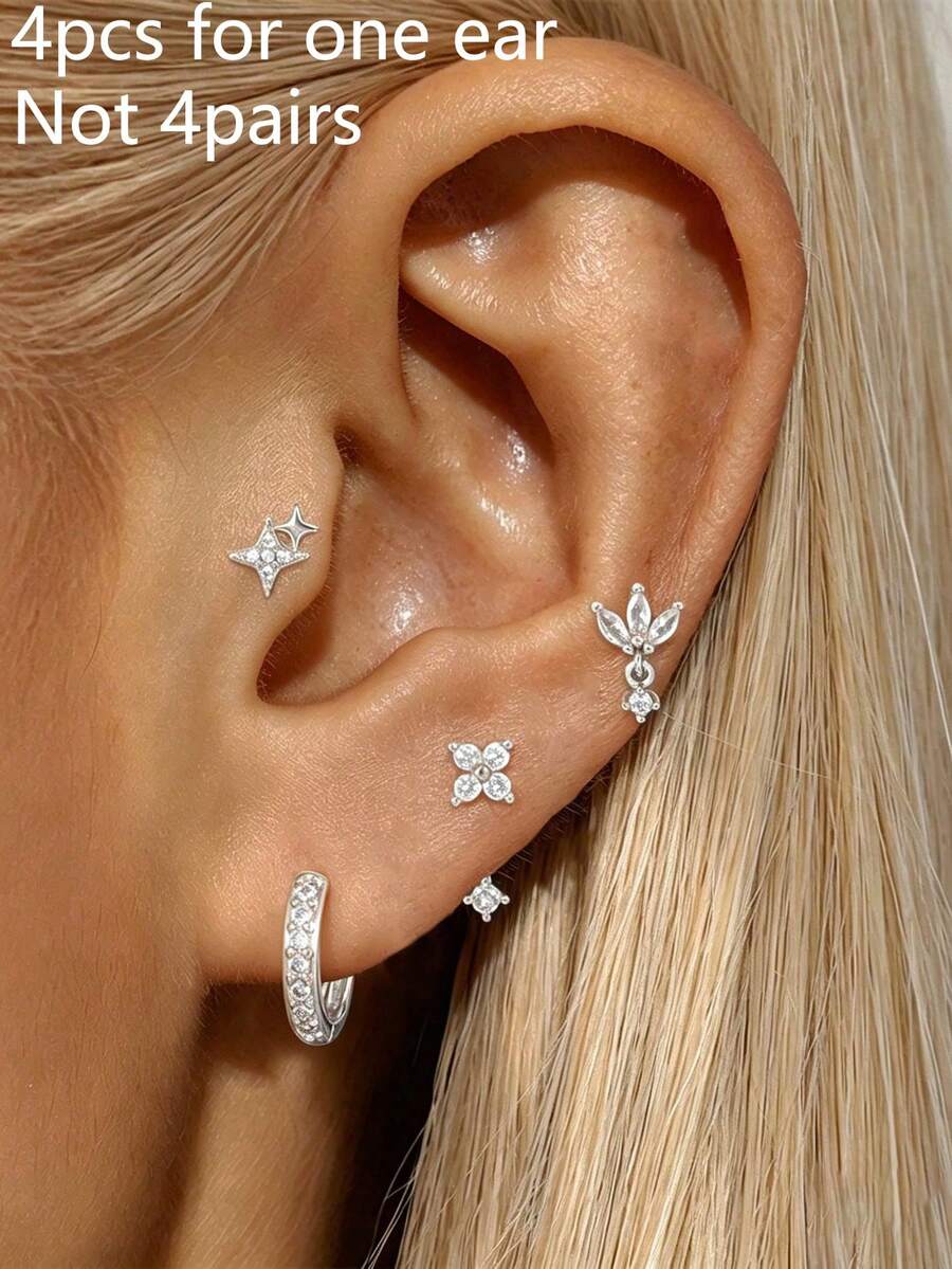4pcs/Set Exquisite Star & Flower Stainless Steel Cubic Zirconia Hoop Earrings Set, Fashion Stud & Cartilage Earrings Jewelry - 4pcs-silver-6# - View 1