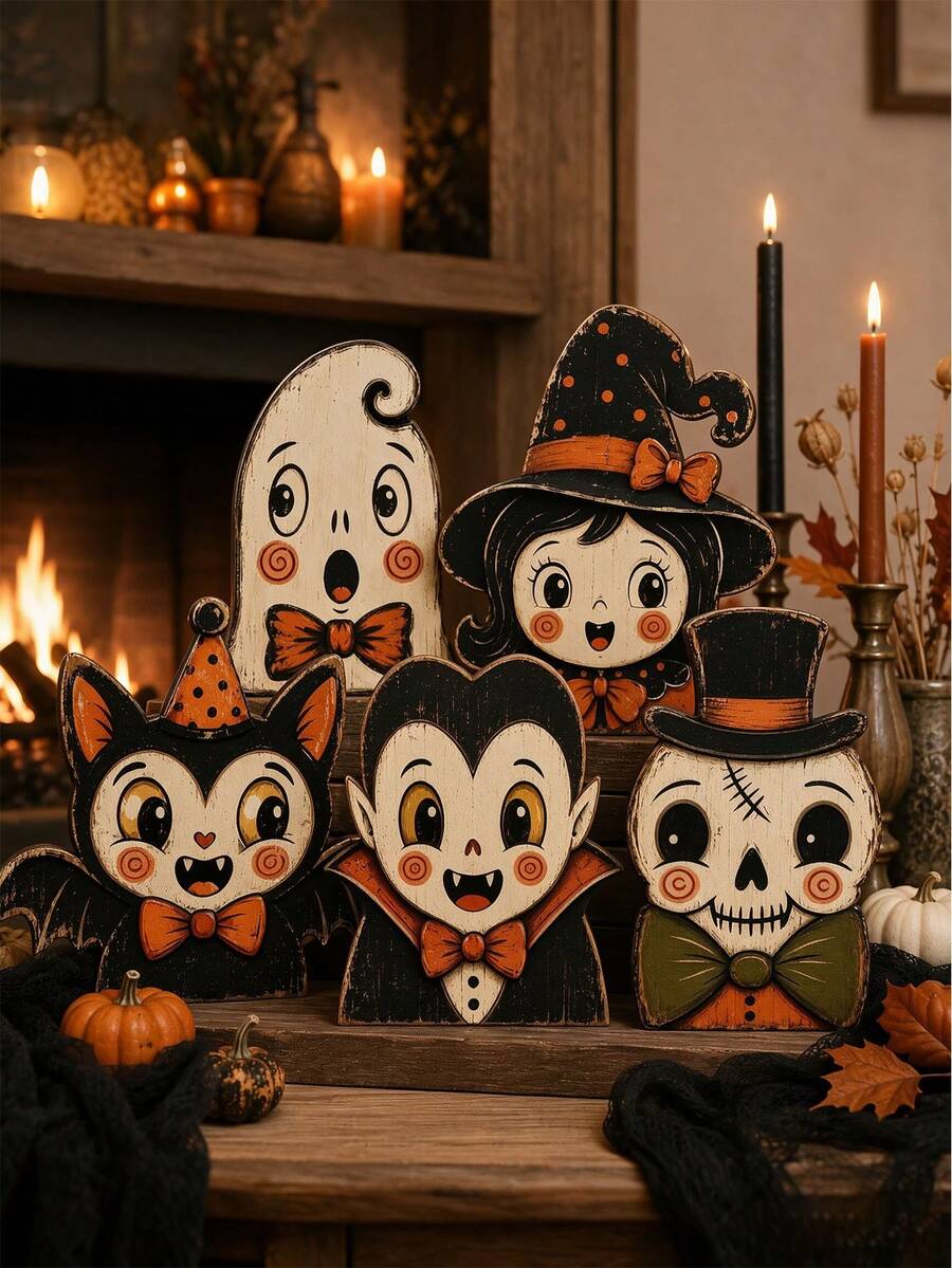 6pcs Vintage Halloween Indoor Decor, Retro Wooden Block Bookshelf Decorations, Cute Ghost, Pumpkin, Black Cat, Skeleton, Witch Owl, Housewarming Gift - Multicolor - View 1