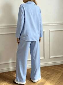 Nina Bonheur 2pcs/Set Women's Loose Comfortable Breathable Long Sleeve Top + Long Pants Cute Pajama Set - Blue - View 5